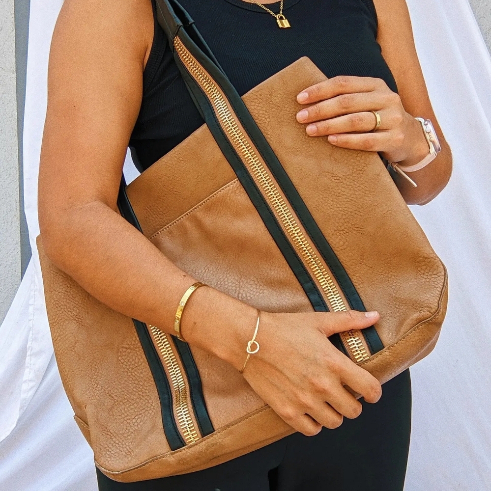 Big Buddha Leather Tan Tote Bag Zipper Strap